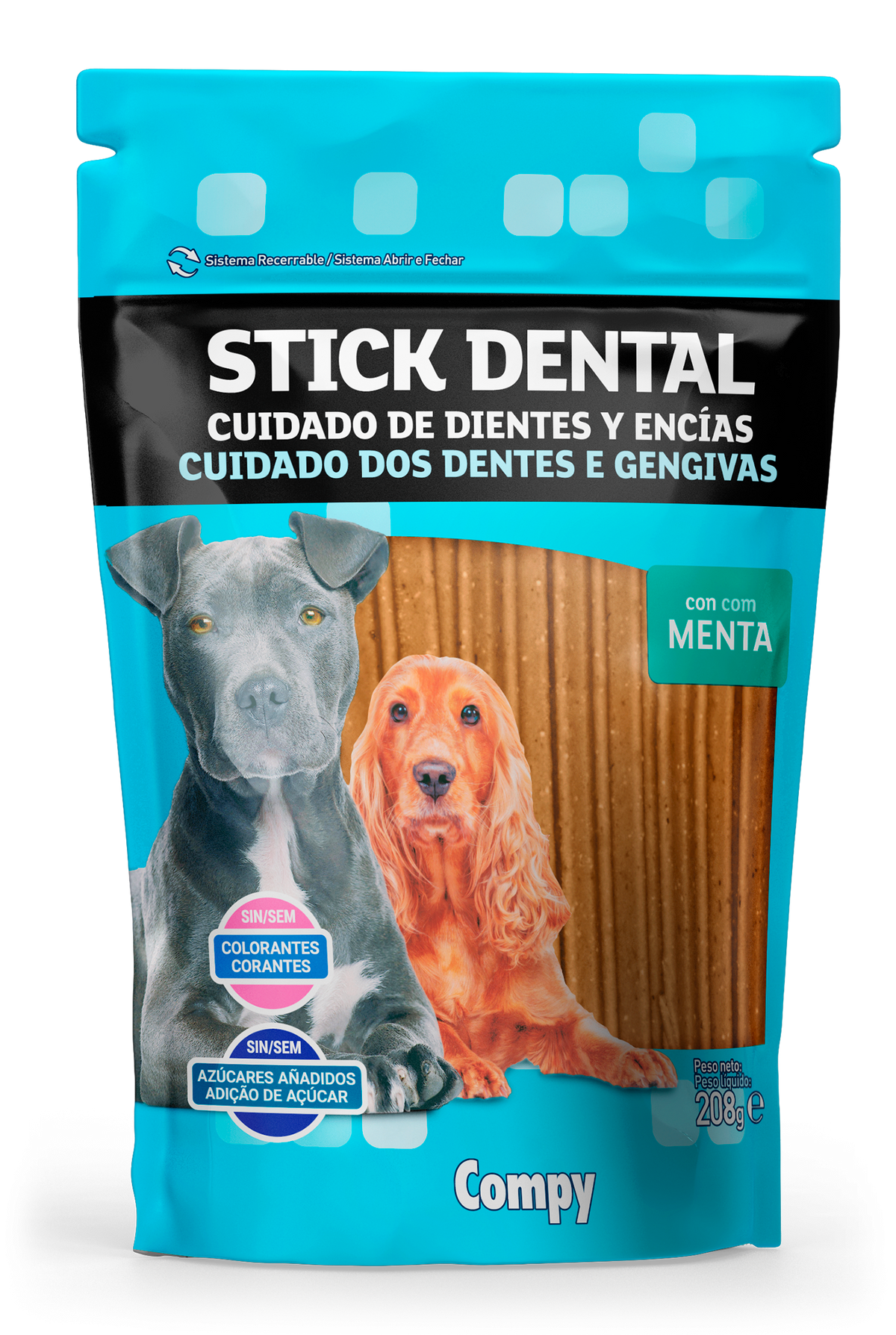 Packaging of Compy Stick Dental for dogs with images of two dogs and text on a blue background.