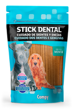 Packaging of Compy Stick Dental for dogs with images of two dogs and text on a blue background.