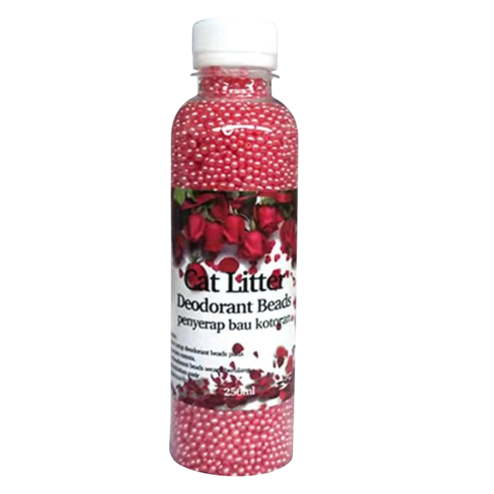Bottle of Cat Litter Deodorant Beads with red beads on a white background