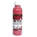 Bottle of Cat Litter Deodorant Beads with red beads on a white background