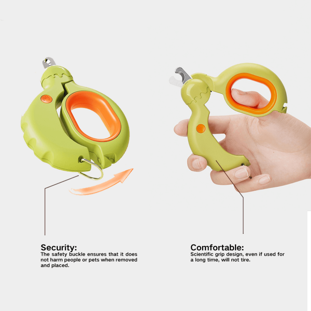 Green and orange retractable dog leash with hand holding it on a white background