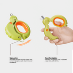 Green and orange retractable dog leash with hand holding it on a white background