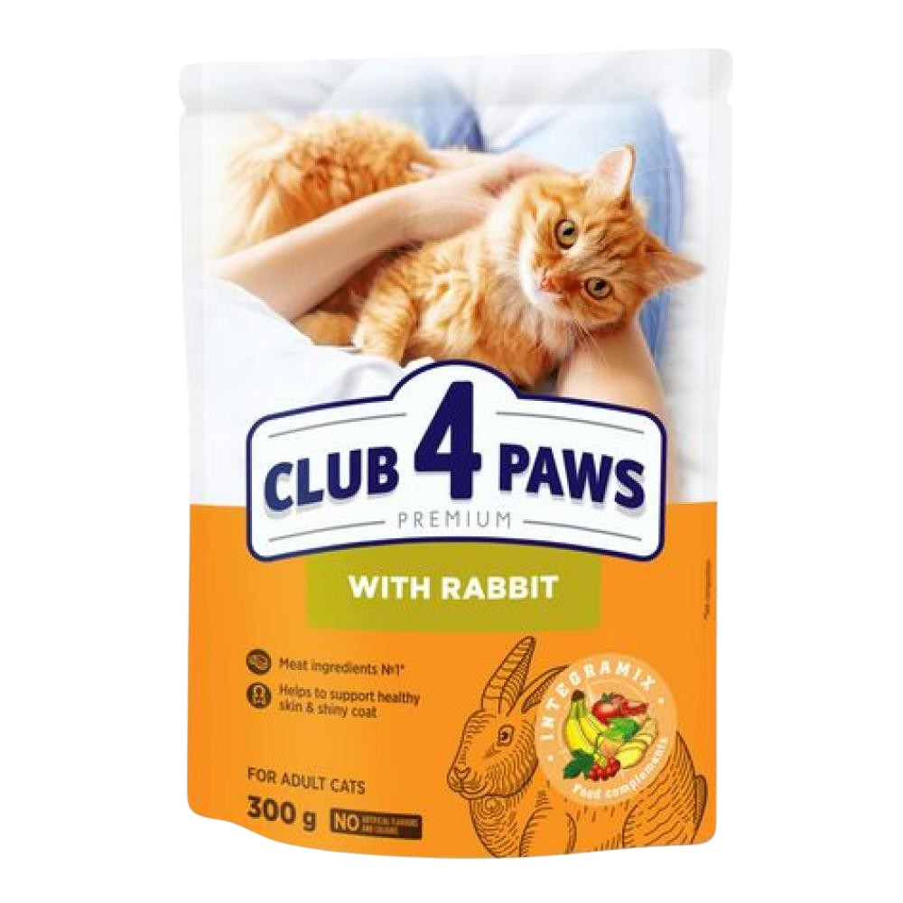 Cat food package with 'Club 4 Paws' branding and a cat on the label.