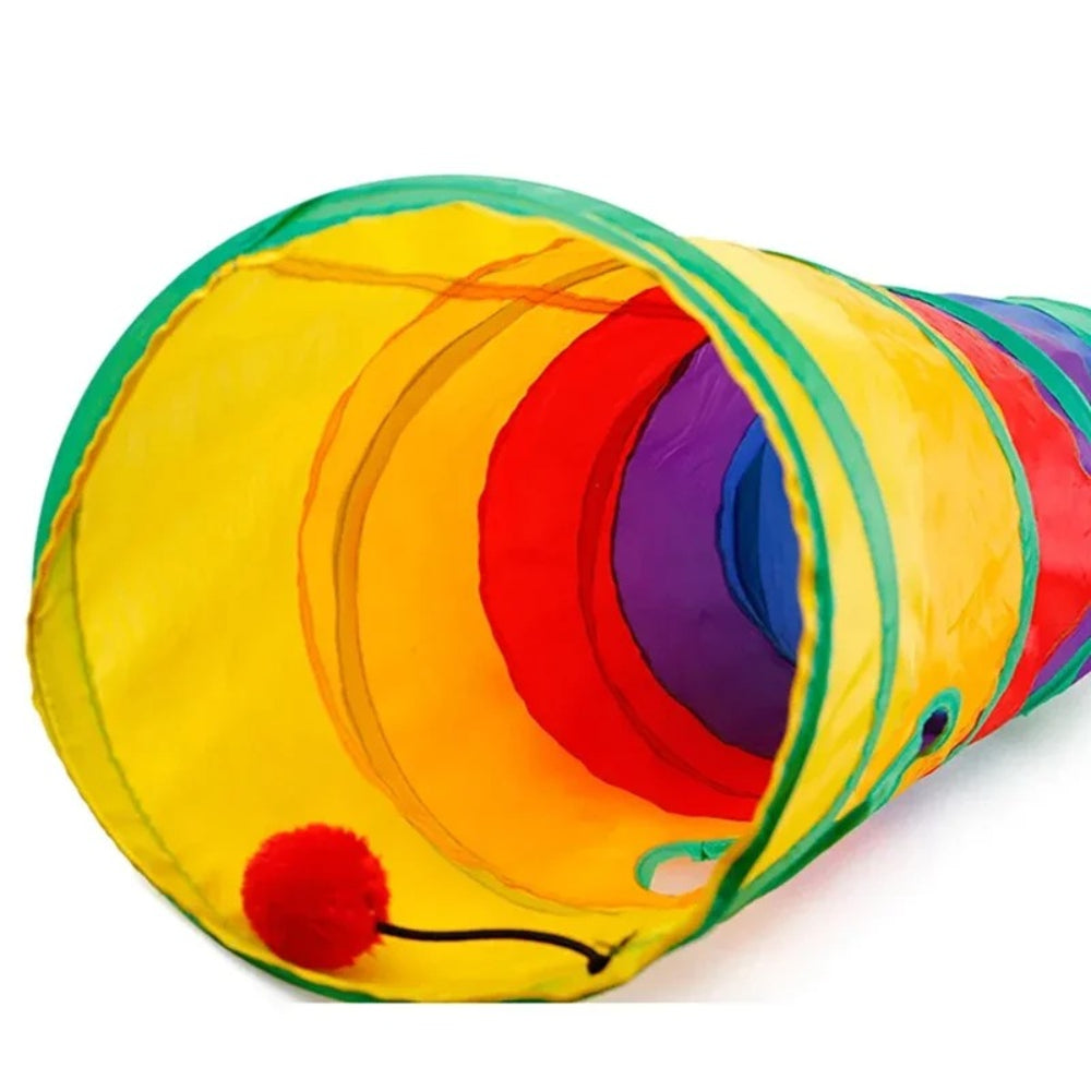 Colorful tunnel toy with a red ball on a white background