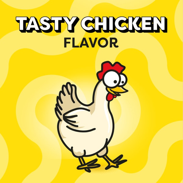 Cartoon chicken with 'Tasty Chicken Flavor' text on a yellow background