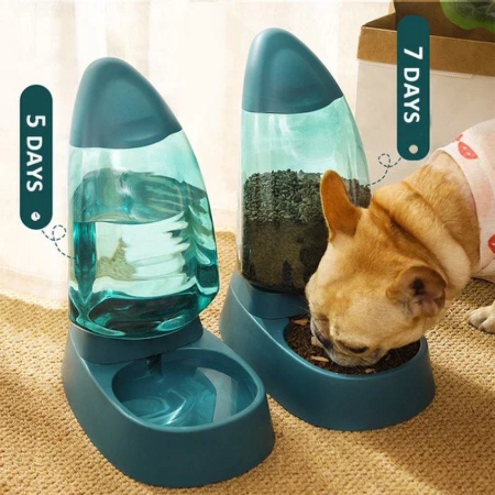Pet water and food dispenser with a dog drinking from it on a carpeted floor.