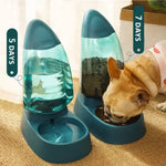 Pet water and food dispenser with a dog drinking from it on a carpeted floor.
