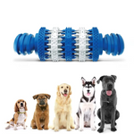 Dog toy with blue and white design, surrounded by five dogs of different breeds on a white background