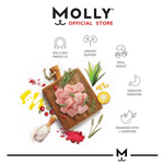 Product packaging for 'Molly' with raw meat on a cutting board and health benefits listed.