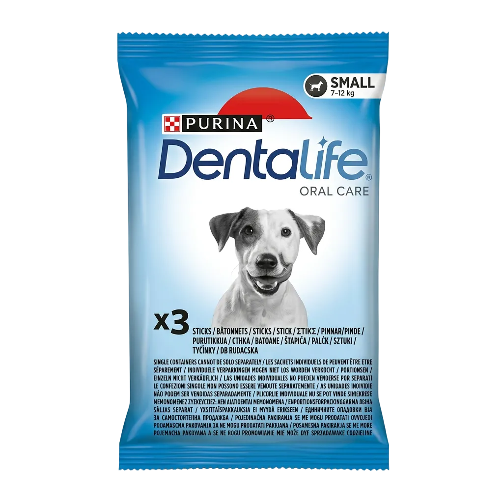 عبوة DentaLife Small بخلفية بيضاء مقاس 1000×1000 وصورة الكلب بالأبيض والأسود