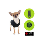 Small dog wearing a black outfit with green dog toys and branding on a white background