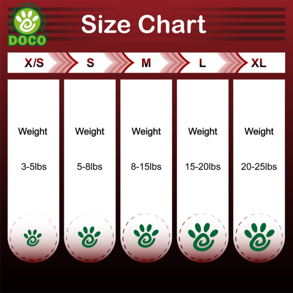 Size chart for DOCO products with weight ranges and corresponding sizes.