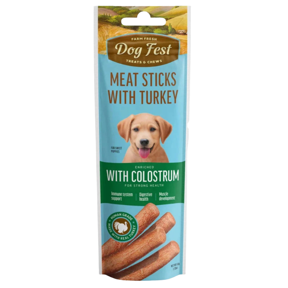 Package of Dog Fest Meat Sticks with Turkey on a white background