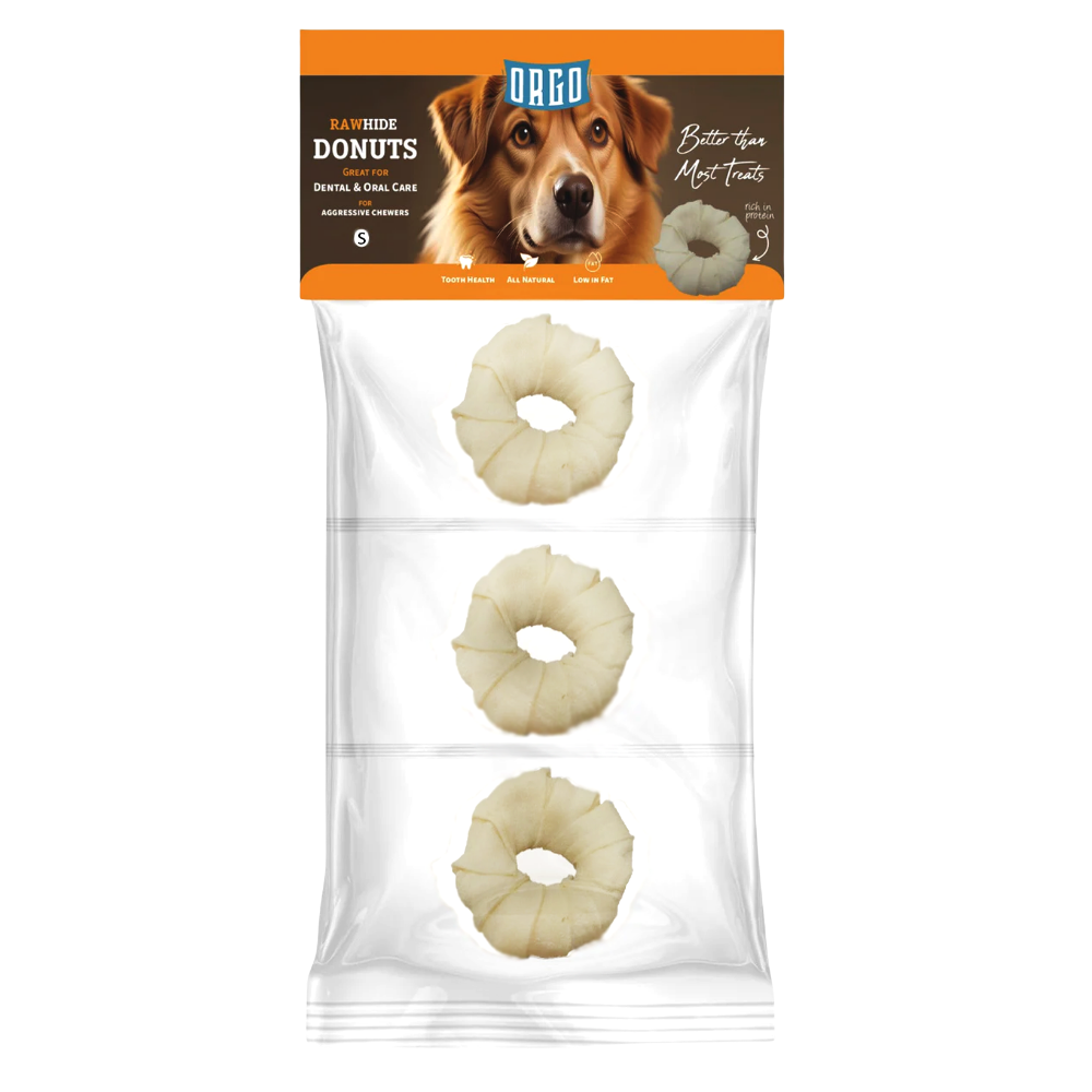 Package of Orijen Rawhide Donuts for dogs with a dog on the label.