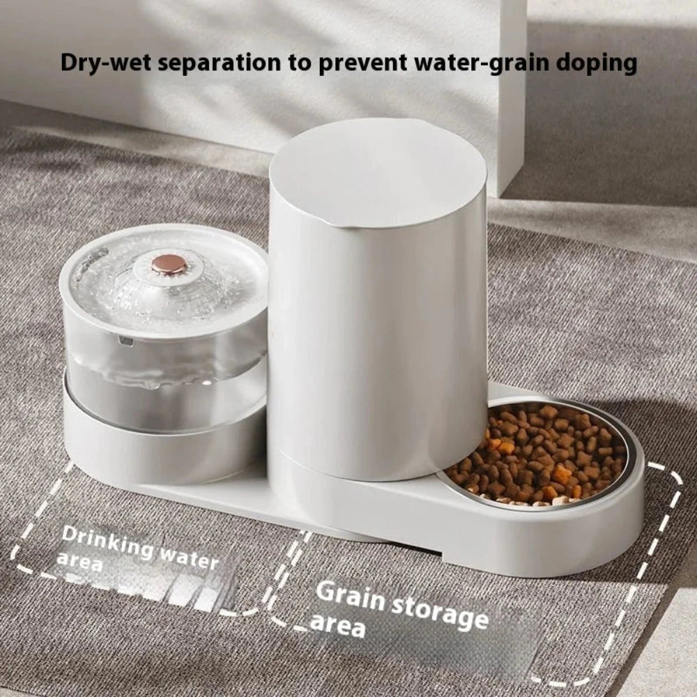 Pet feeding and water station with dry-wet separation feature on a textured surface.