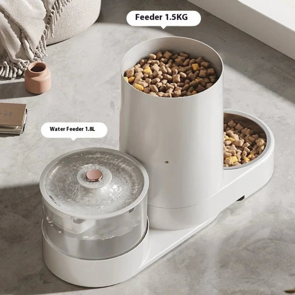 Pet feeding station with food and water containers on a concrete floor.