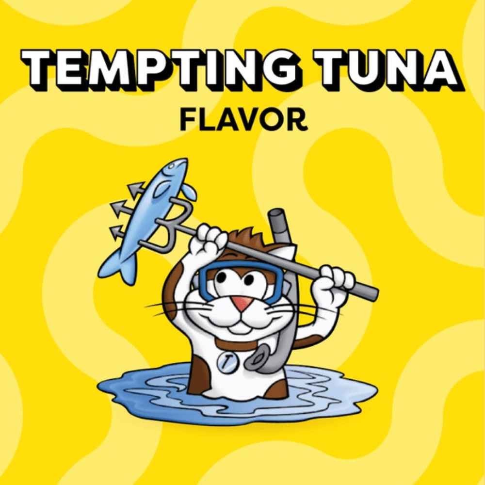 Cartoon character holding a fish and a spear with 'Tempting Tuna Flavor' text on a yellow background