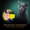 Sheba Filets cat food packaging with a gray cat on a dark background