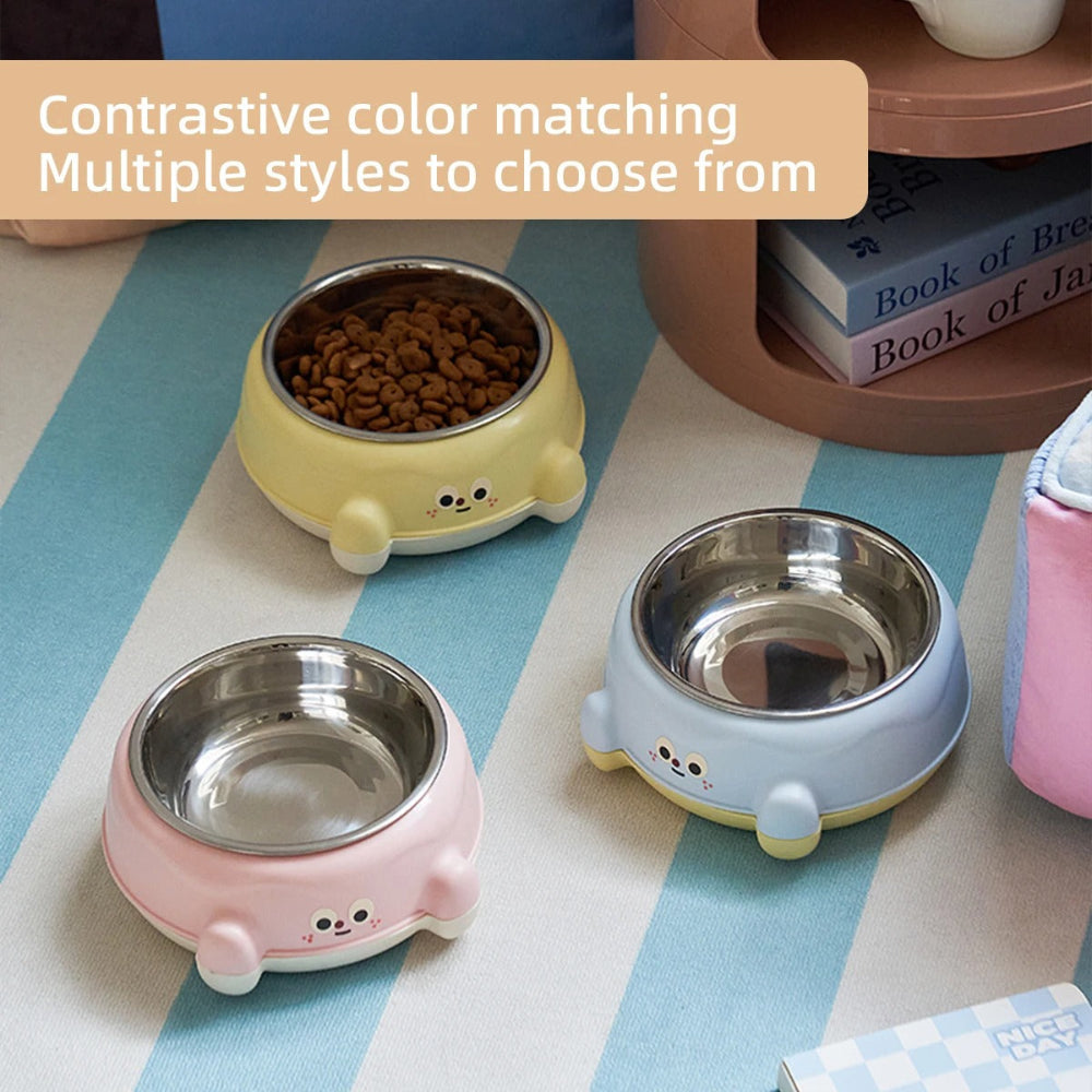 Three pet bowls in yellow, pink, and blue on a striped surface with text about color matching and style options.