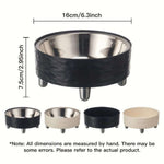 Stainless steel pet bowl with black rubberized base and dimensions displayed.