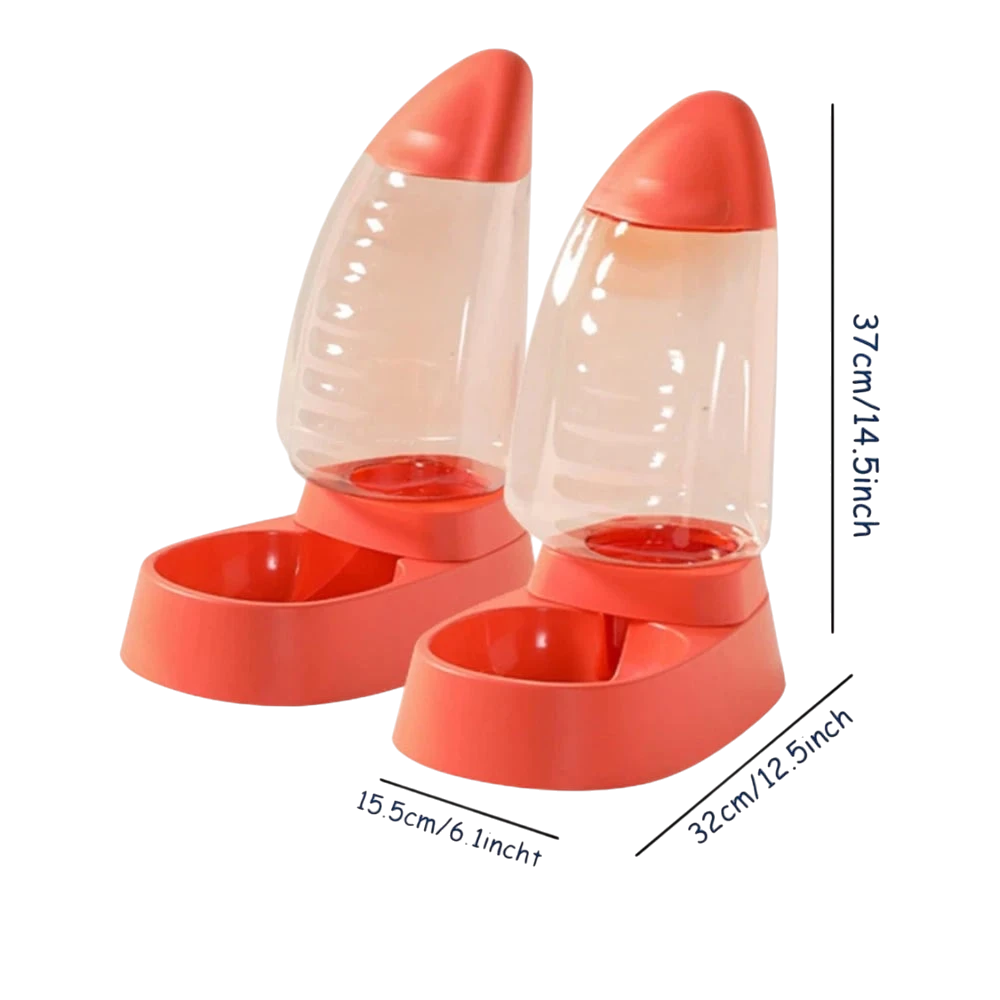 Two red pet feeders with measurement details on a white background