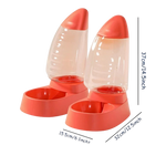 Two red pet feeders with measurement details on a white background