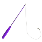 Purple cat toy wand with a string on a white background