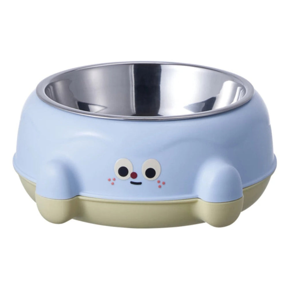 Blue pet bowl with cartoon face design on a white background