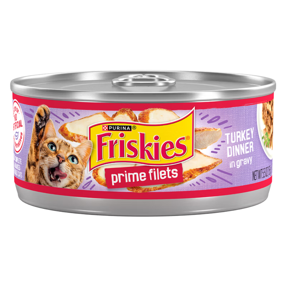 Can of Friskies Prime Filets Turkey Dinner cat food on a white background