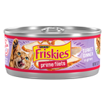 Can of Friskies Prime Filets Turkey Dinner cat food on a white background