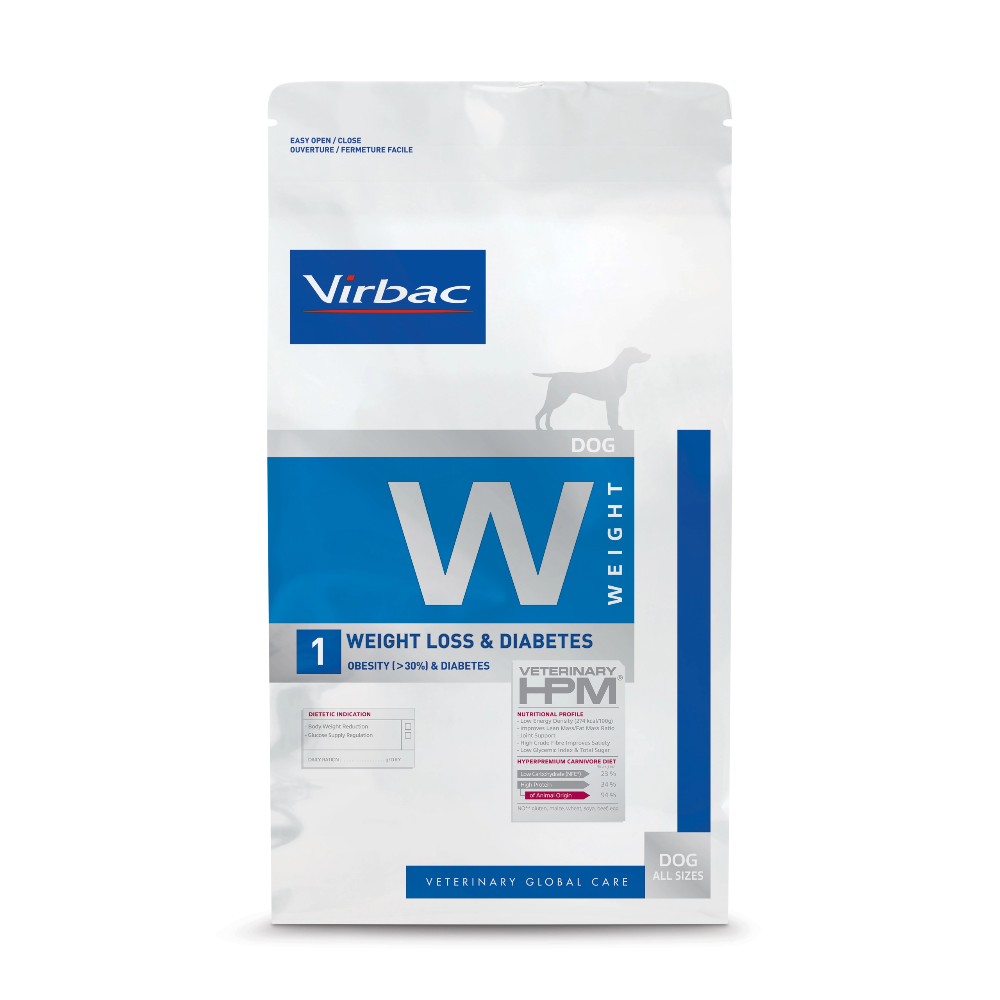 Bag of Virbac dog food for weight loss and diabetes on a white background