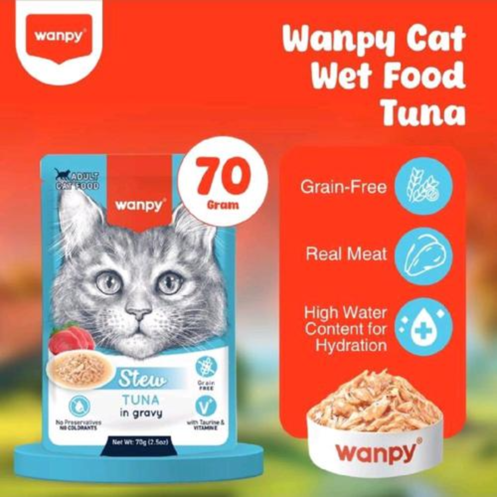 Wanpy Cat Wet Food Tuna package with product details on an orange background