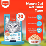 Wanpy Cat Wet Food Tuna package with product details on an orange background