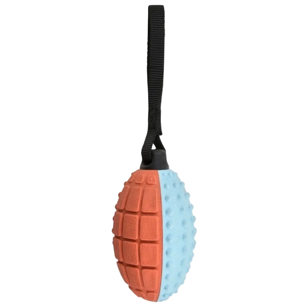 Dog toy resembling a grenade with orange and blue colors on a white background