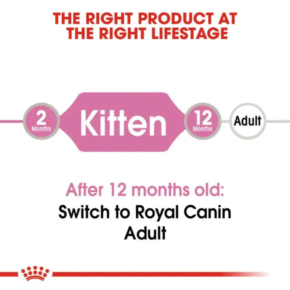 Royal Canin kitten to adult pet food transition chart on a white background