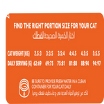 Orange chart for finding the right portion size for a cat based on its weight.