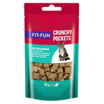 Packaging of Fit Fun Crunchy Pockets cat treats with a red and green design.