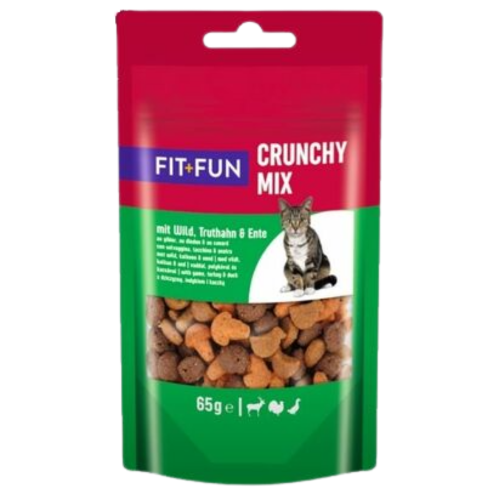 Cat food packaging with red and green design featuring a cat on a white background.
