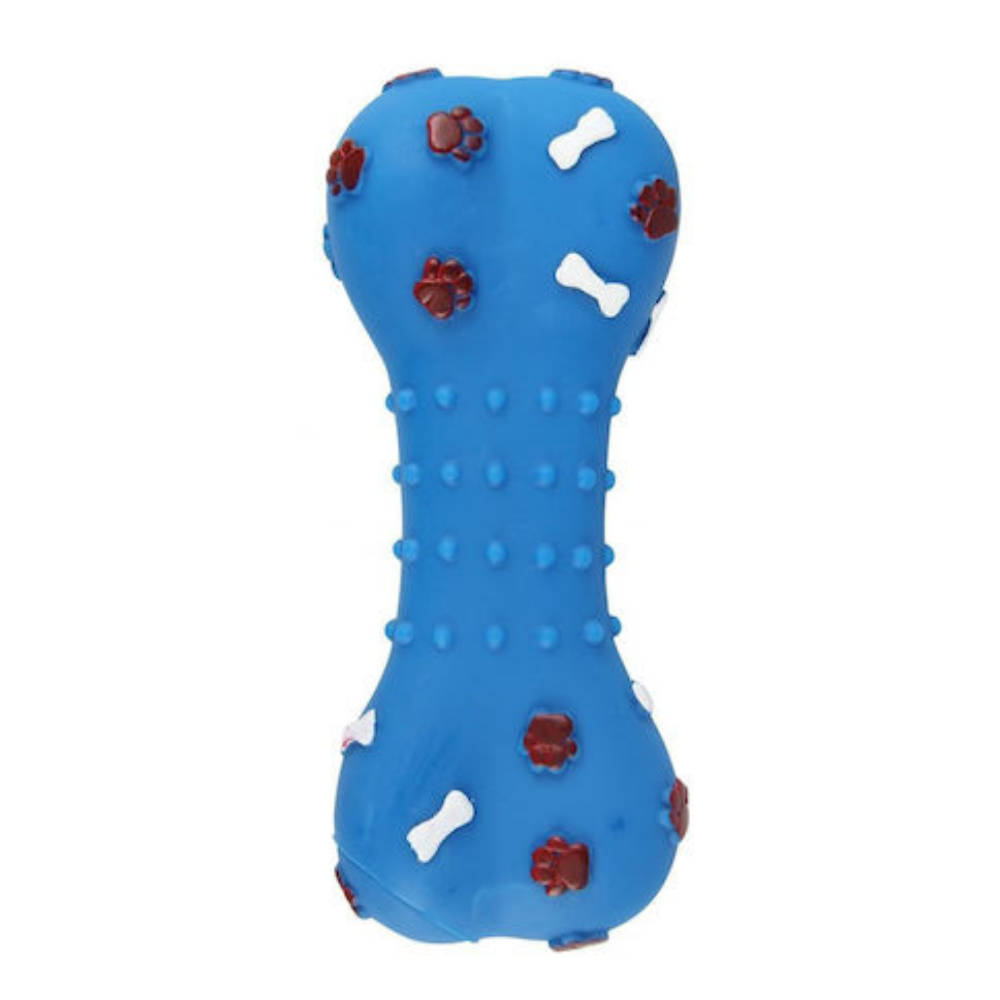 Blue dog toy with textured surface and red accents on a white background