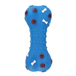 Blue dog toy with textured surface and red accents on a white background