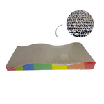 Colorful corrugated cardboard cat scratcher with close-up of material texture on a white background