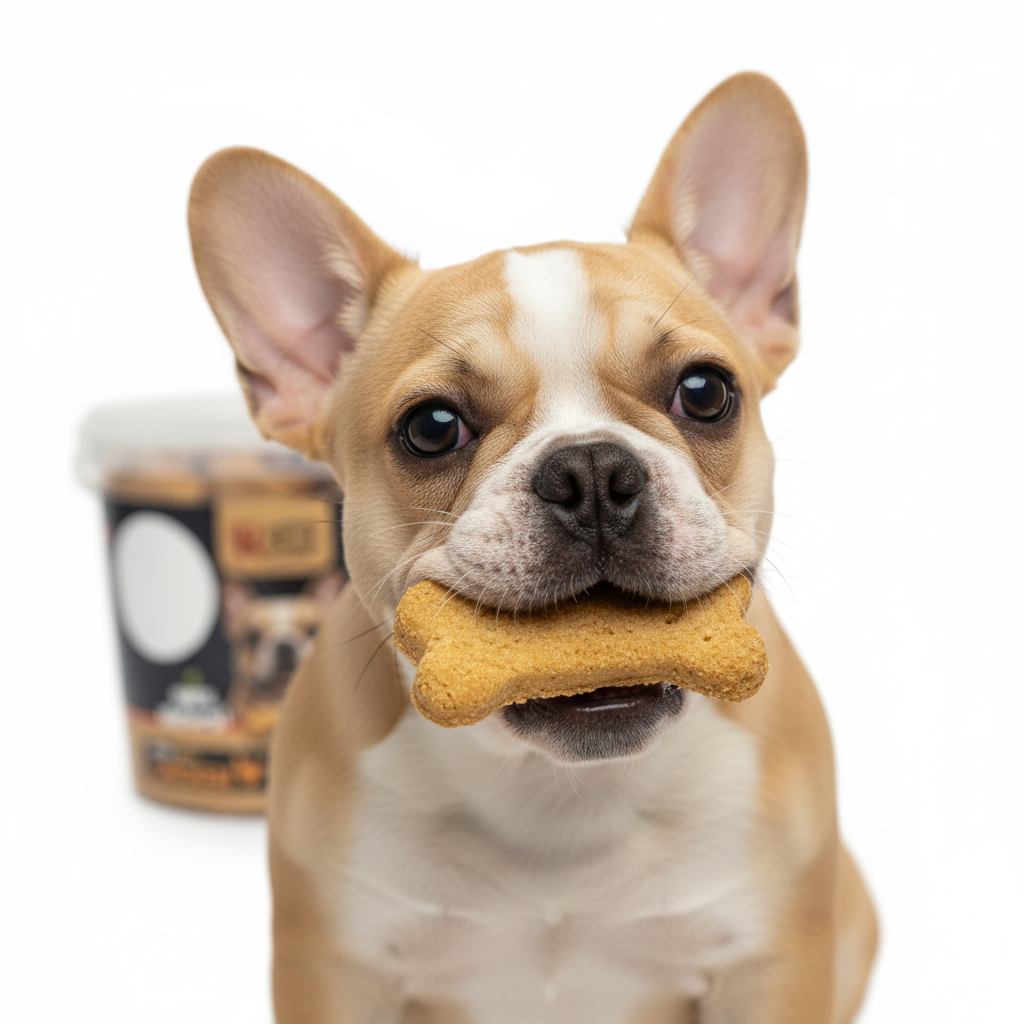 French Bulldog puppy eating Rich Excellence chicken biscuit treat