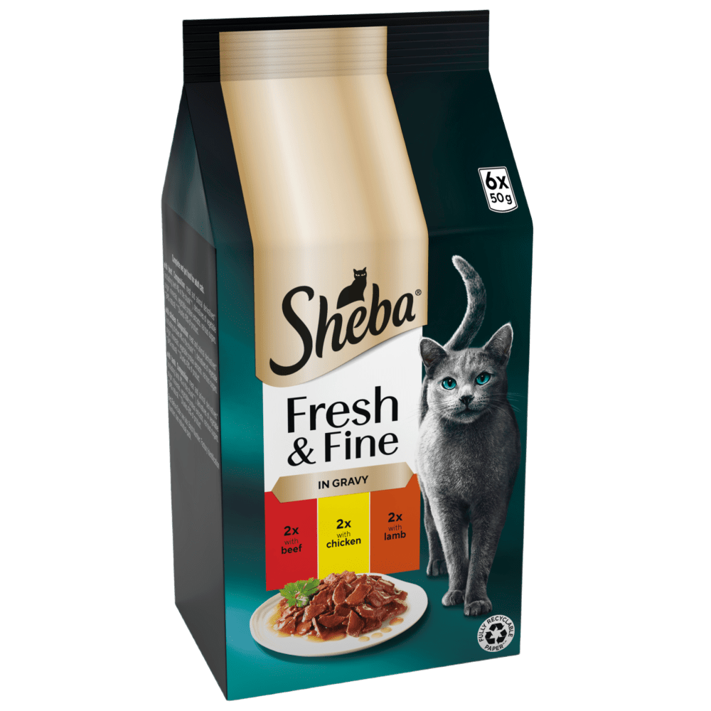 Sheba Fresh & Fine cat food packaging on a white background