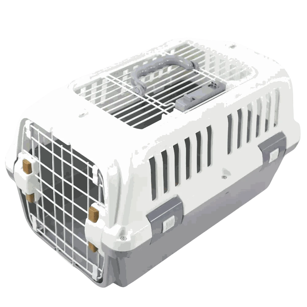 Pet carrier with white and gray color scheme on a white background
