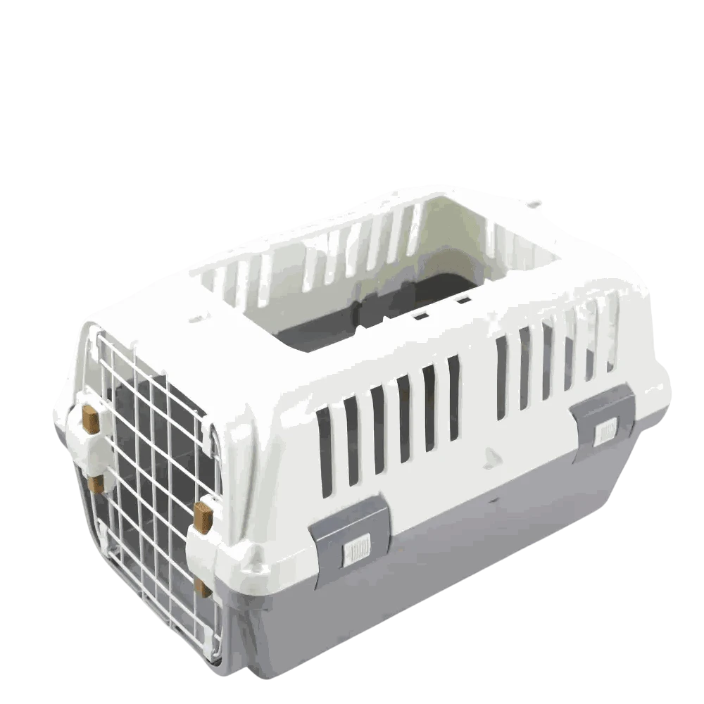 Pet carrier with white and gray color scheme on a white background