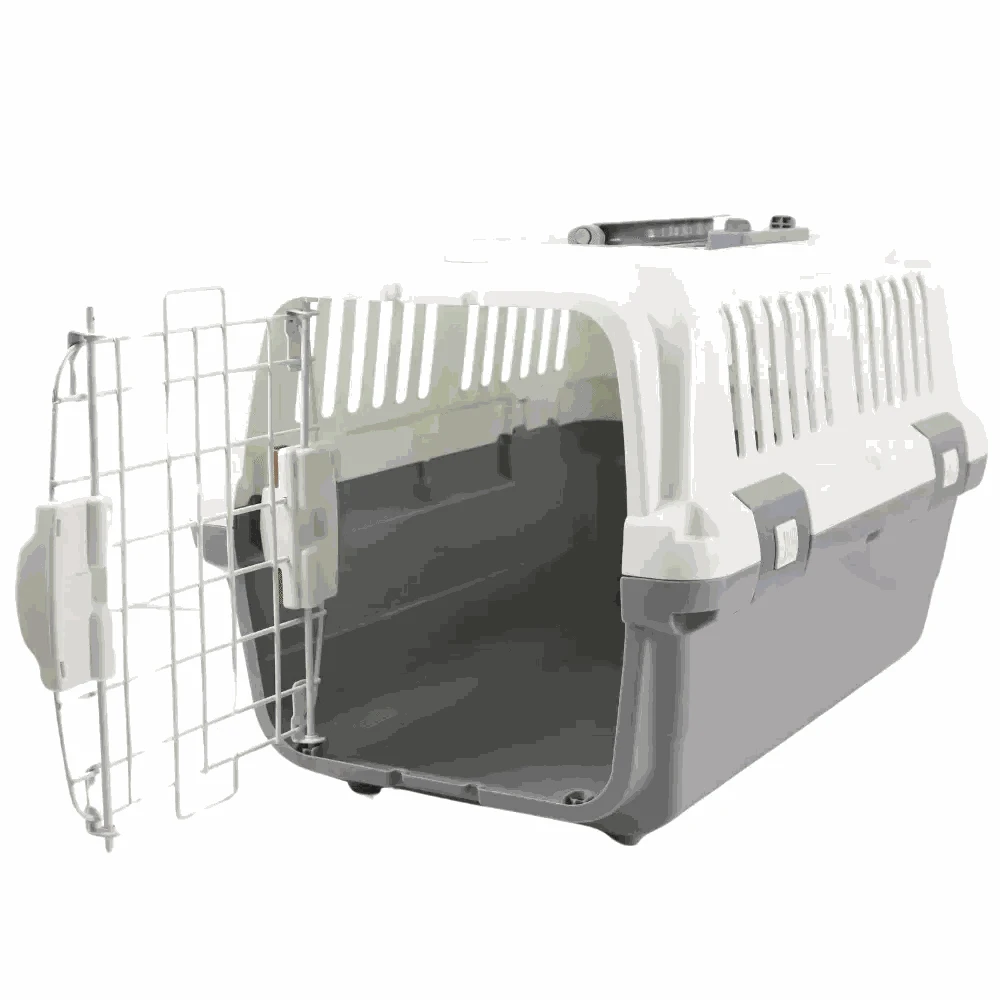 Pet carrier with open door on a white background