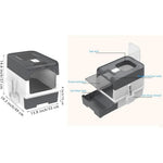 Cat litter box with labeled parts and dimensions on a white background