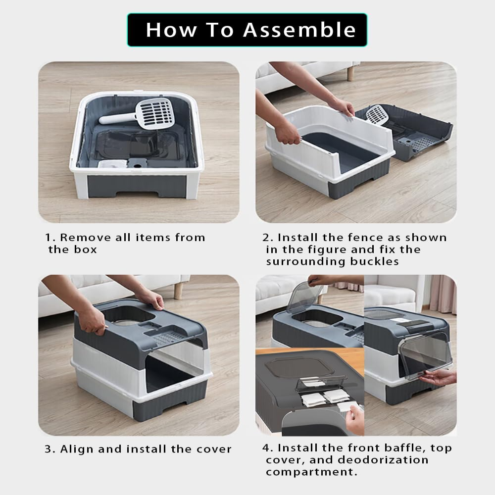 Step-by-step assembly guide for a pet litter box system on a light wood floor.