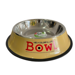 Dog bowl with beige base and red text on a white background