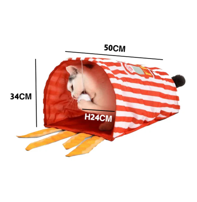 Naomi Red and White Cat Tunnel with Hanging Toy.